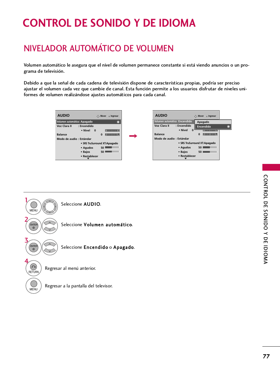 Control de sonido y de idioma, Nivelador automático de volumen, Contr ol de sonido y de idioma | LG 42PQ30C User Manual | Page 327 / 371