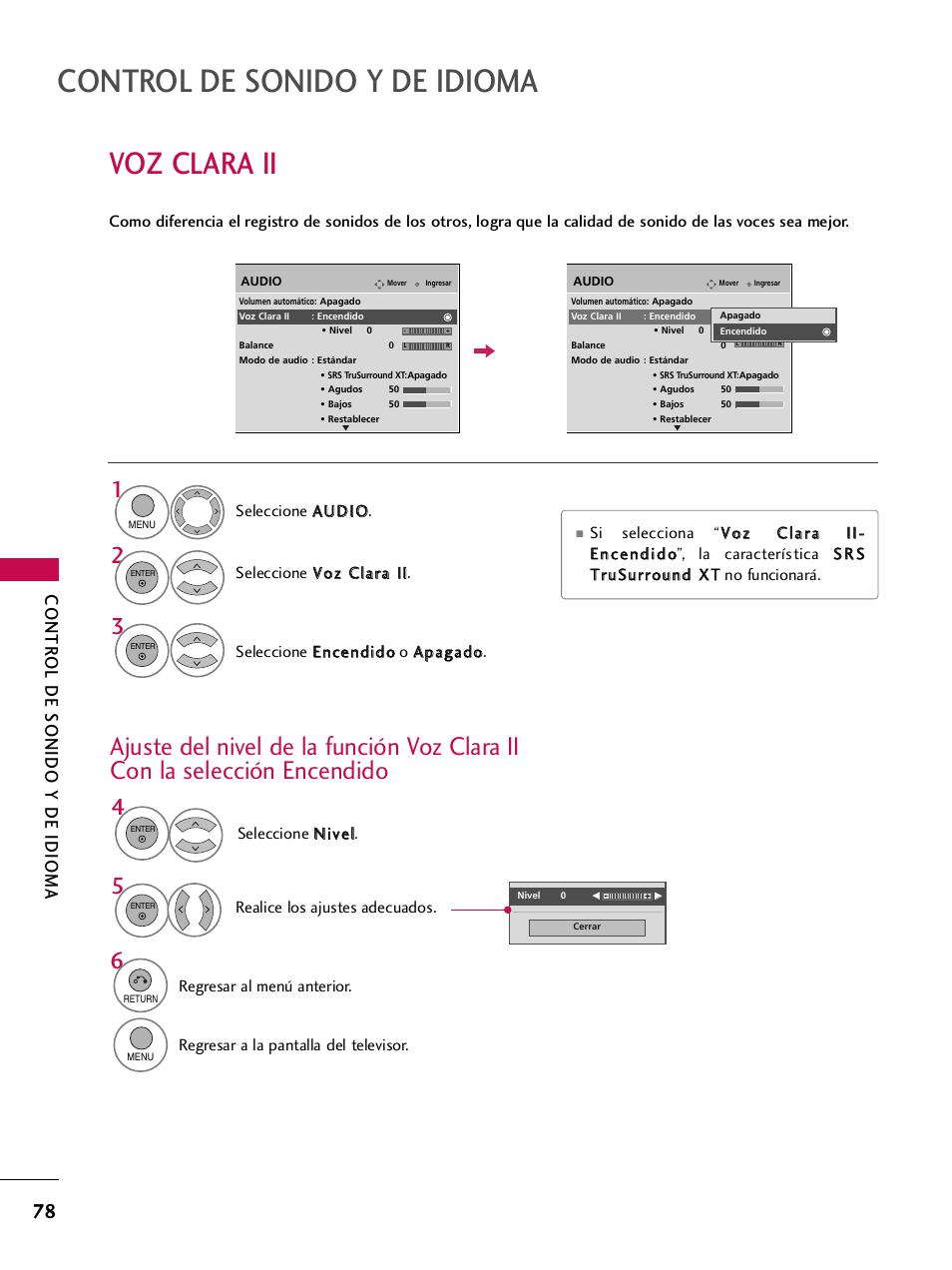 Voz clara ii, Control de sonido y de idioma, Contr ol de sonido y de idioma | LG 42PQ30C User Manual | Page 328 / 371