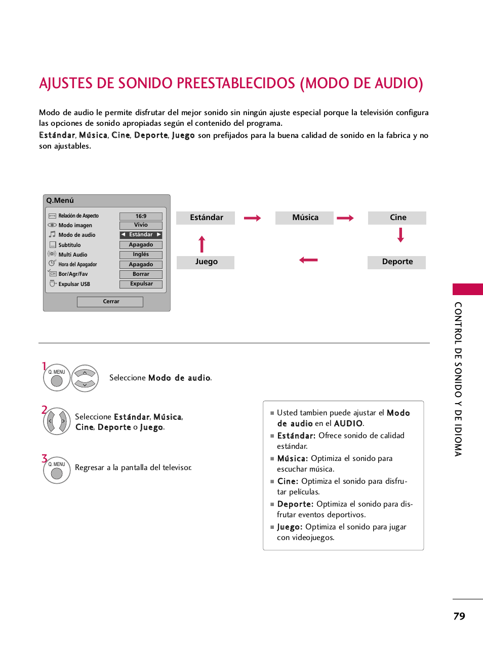 Ajustes de sonido preestablecidos (modo de audio), Contr ol de sonido y de idioma | LG 42PQ30C User Manual | Page 329 / 371