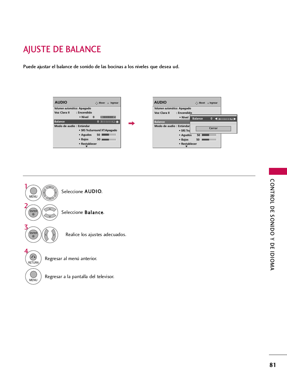Ajuste de balance, Contr ol de sonido y de idioma, Regresar al menú anterior | Regresar a la pantalla del televisor | LG 42PQ30C User Manual | Page 331 / 371