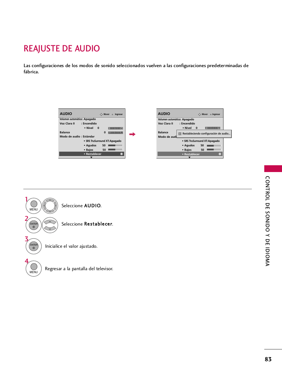 Reajuste de audio, Contr ol de sonido y de idioma, Inicialice el valor ajustado | Regresar a la pantalla del televisor | LG 42PQ30C User Manual | Page 333 / 371