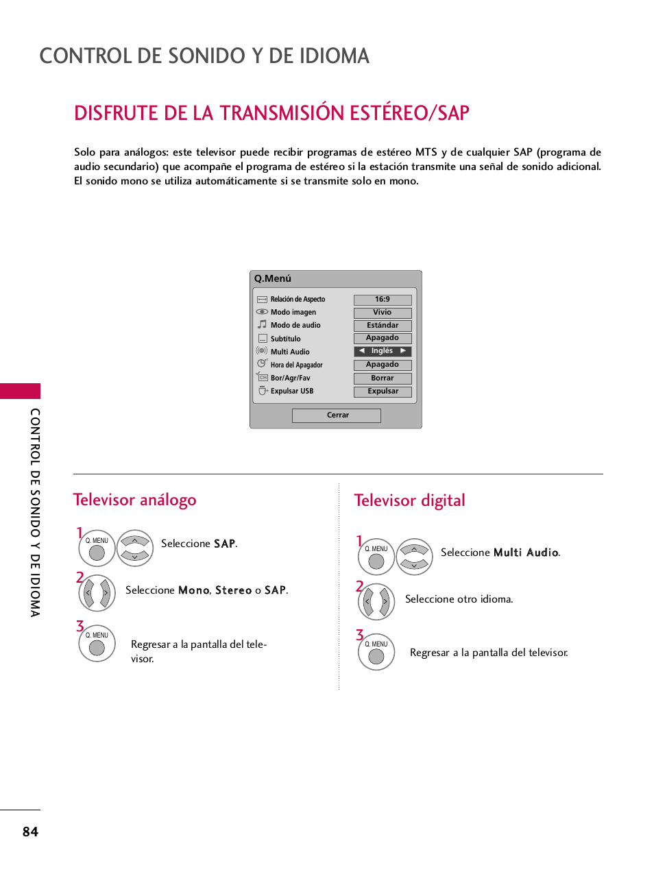 Disfrute de la transmisión estéreo/sap, Control de sonido y de idioma, Televisor análogo televisor digital | Contr ol de sonido y de idioma | LG 42PQ30C User Manual | Page 334 / 371