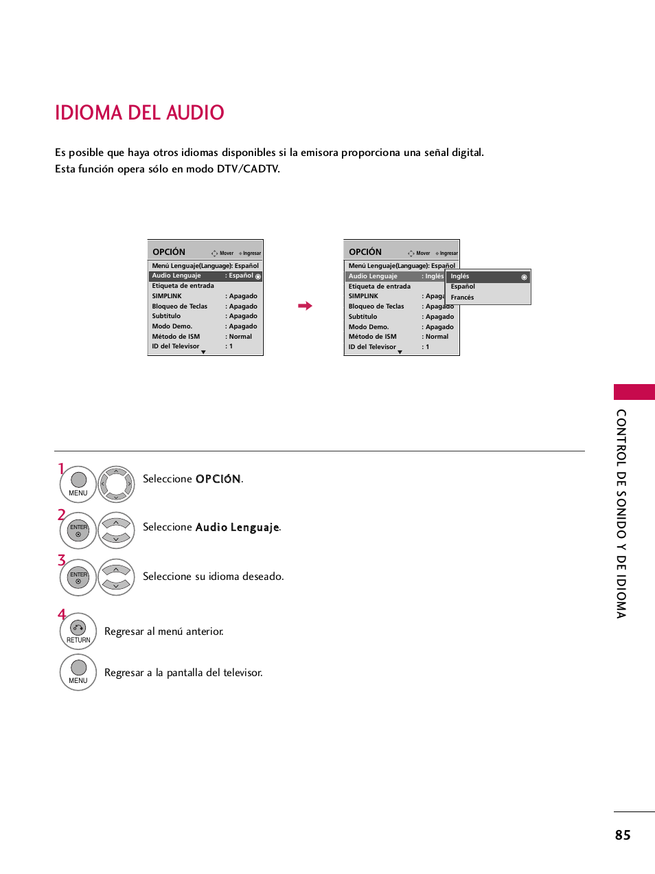 Idioma del audio, Contr ol de sonido y de idioma, Regresar al menú anterior | Regresar a la pantalla del televisor | LG 42PQ30C User Manual | Page 335 / 371