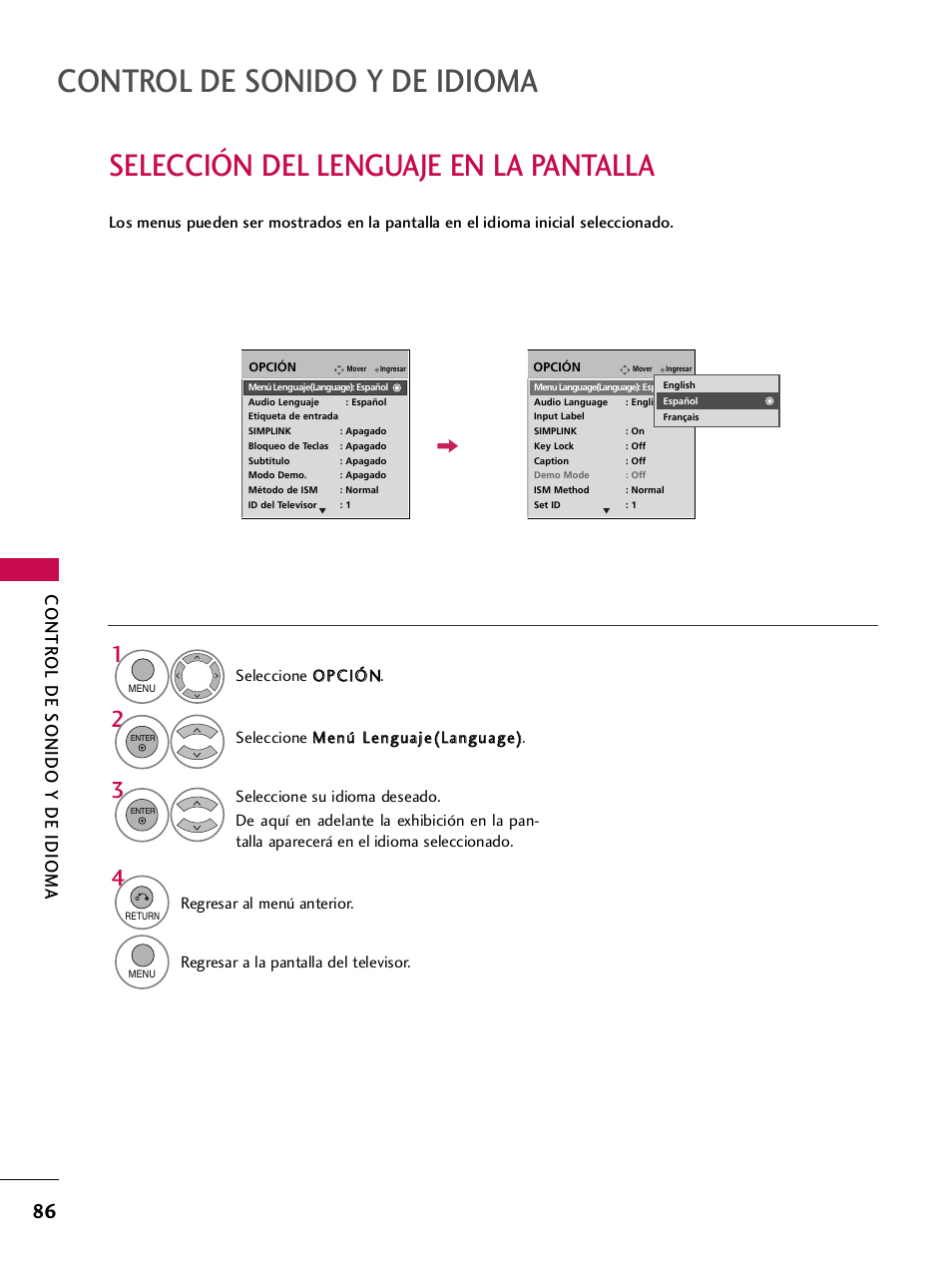Selección del lenguaje en la pantalla, Control de sonido y de idioma, Contr ol de sonido y de idioma | LG 42PQ30C User Manual | Page 336 / 371