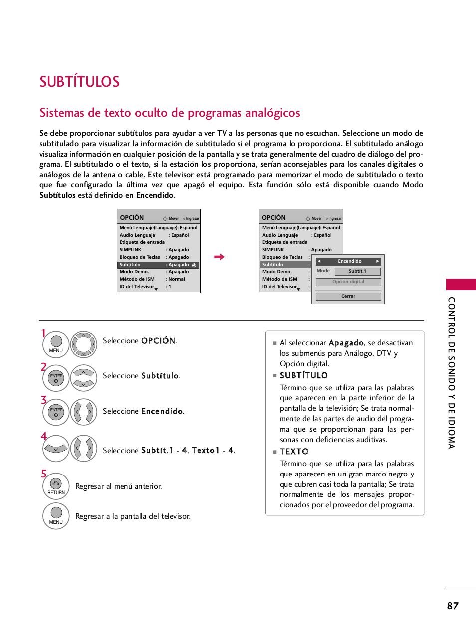 Subtítulos, Sistemas de texto oculto de programas analógicos, Contr ol de sonido y de idioma | LG 42PQ30C User Manual | Page 337 / 371