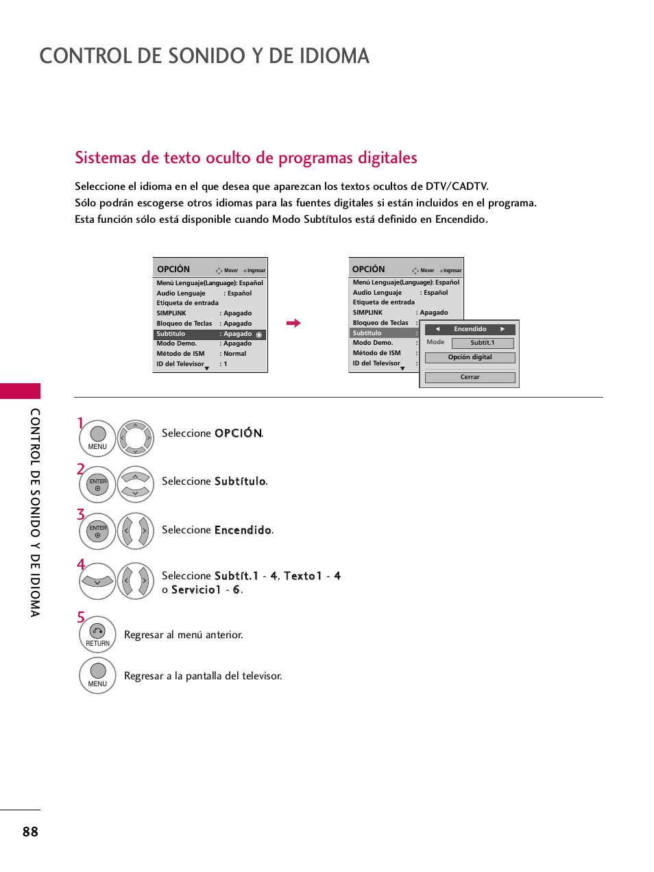 Sistemas de texto oculto de programas digitales, Control de sonido y de idioma, Contr ol de sonido y de idioma | LG 42PQ30C User Manual | Page 338 / 371