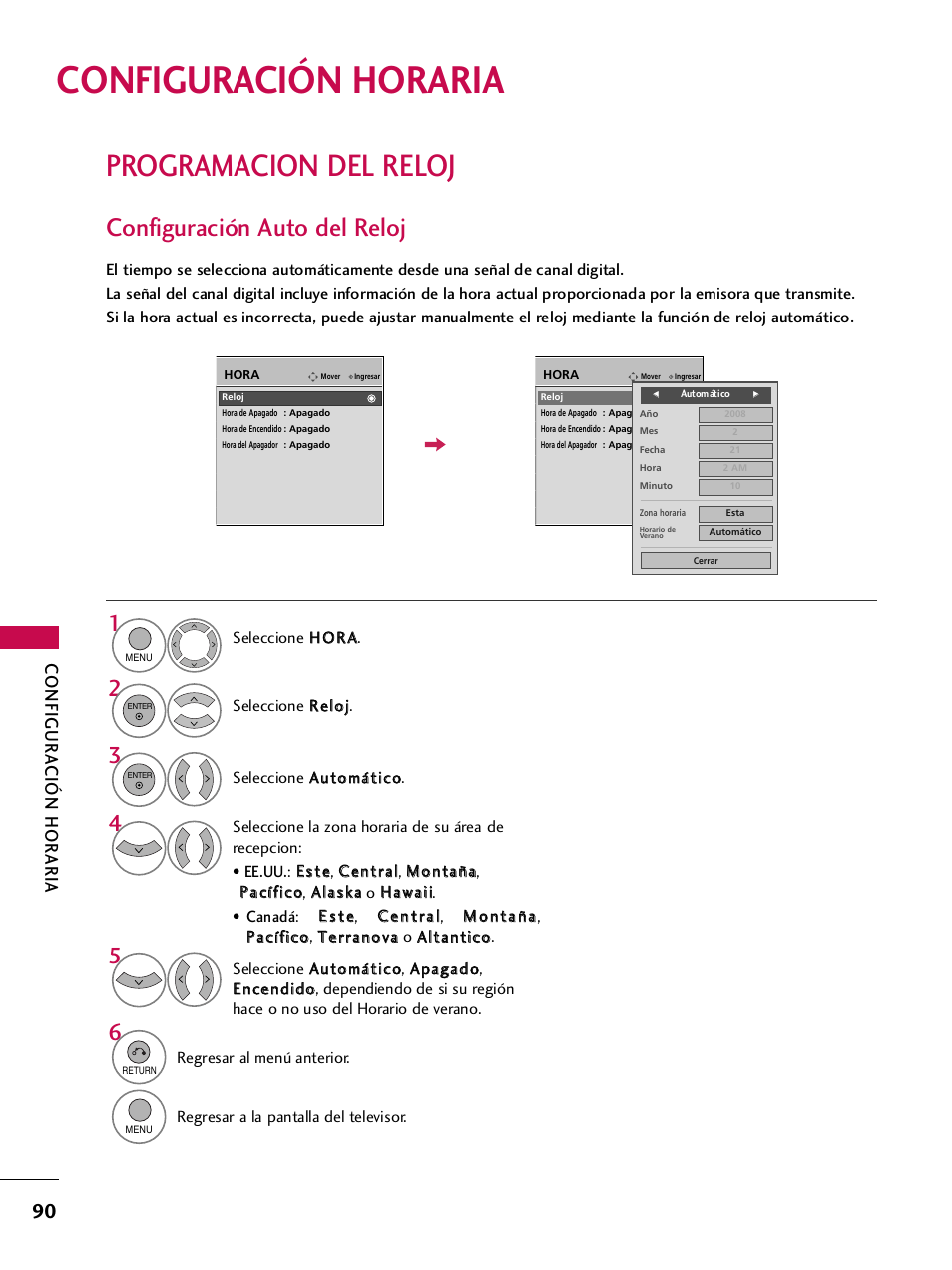 Configuración horaria, Programacion del reloj, Configuración auto del reloj | Configur a ción hor aria | LG 42PQ30C User Manual | Page 340 / 371