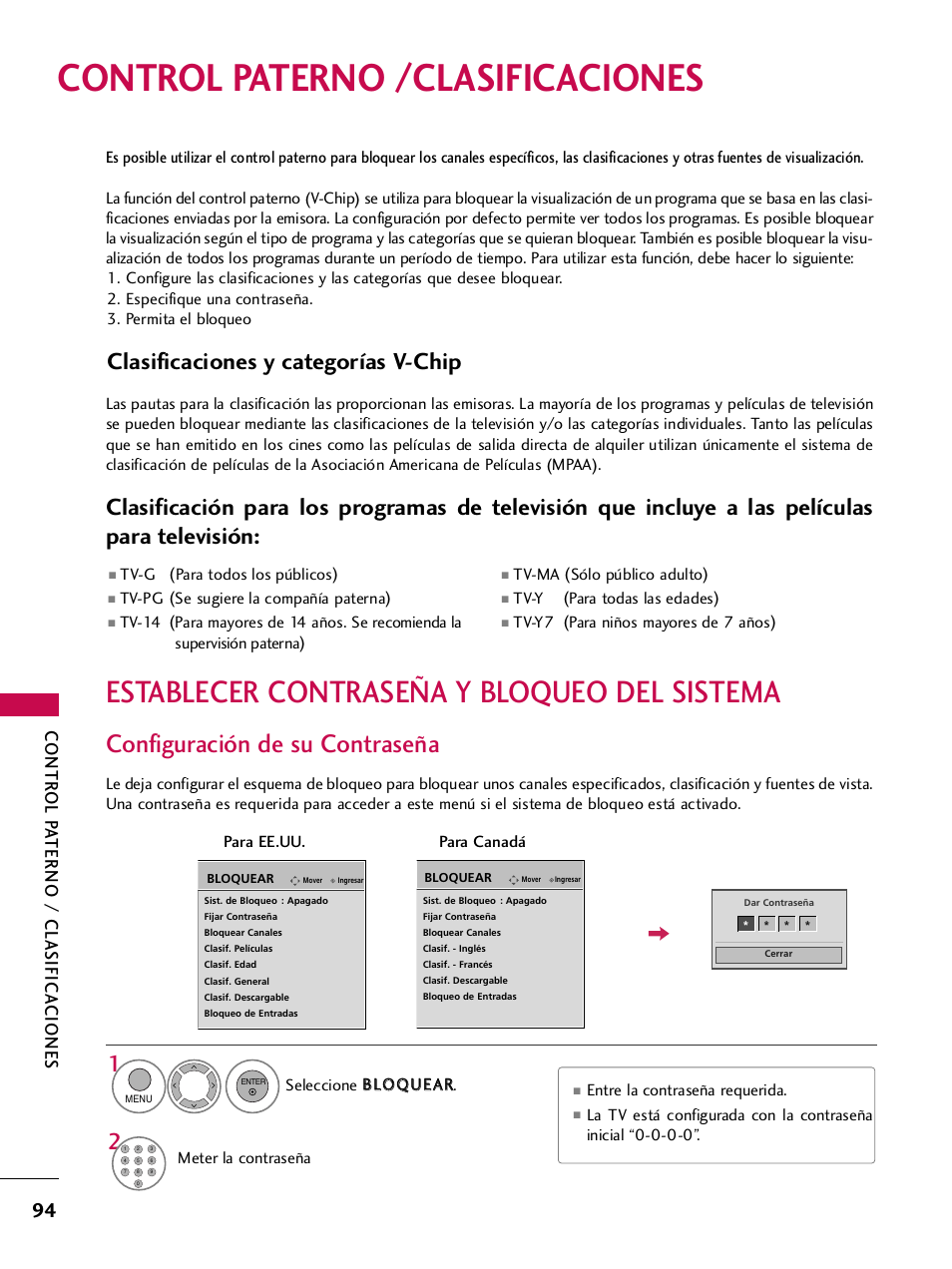 Control paterno /clasificaciones, Establecer contraseña y bloqueo del sistema, Configuración de su contraseña | Clasificaciones y categorías v-chip, Contr ol p a terno / clasifica ciones | LG 42PQ30C User Manual | Page 344 / 371