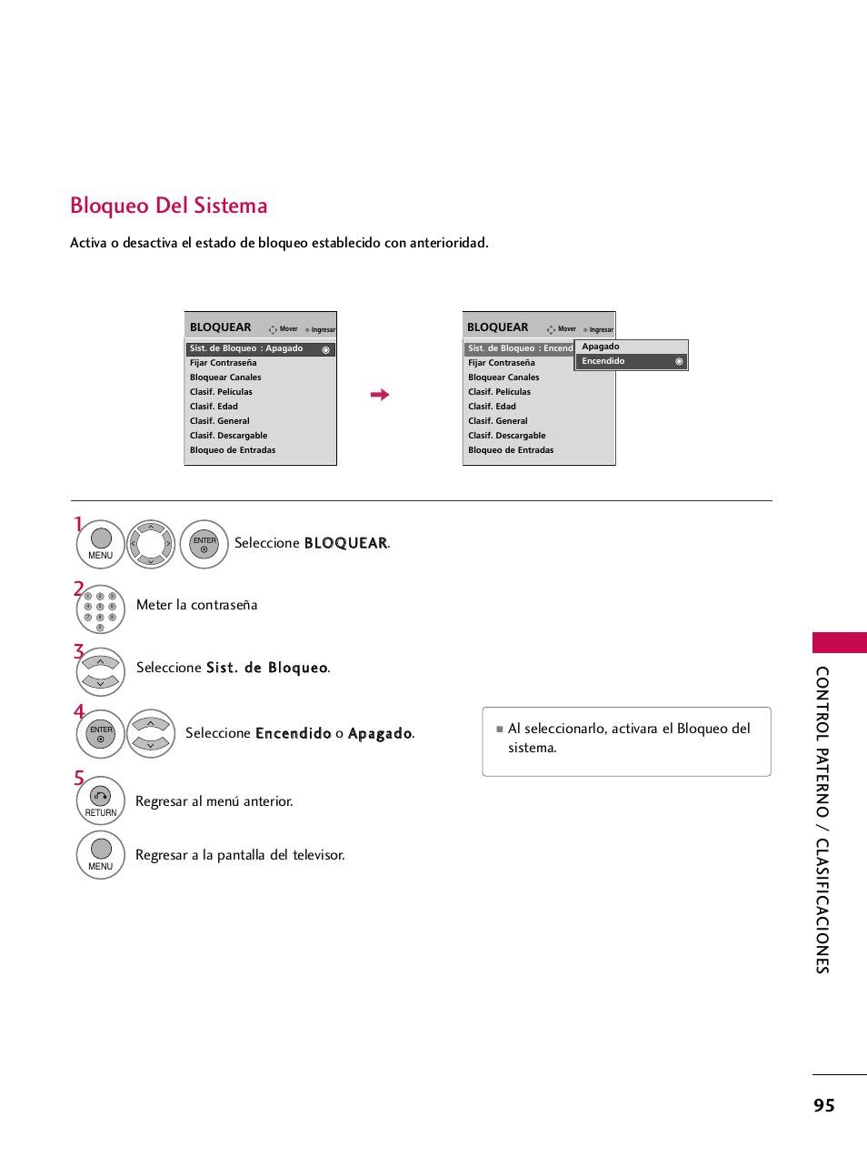 Bloqueo del sistema, Contr ol p a terno / clasifica ciones | LG 42PQ30C User Manual | Page 345 / 371