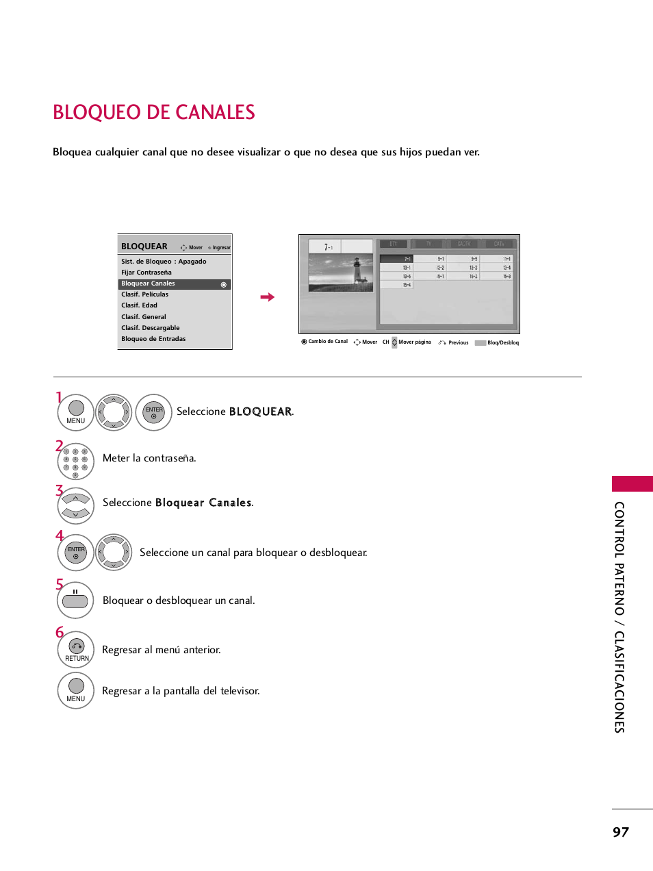 Bloqueo de canales, Contr ol p a terno / clasifica ciones | LG 42PQ30C User Manual | Page 347 / 371