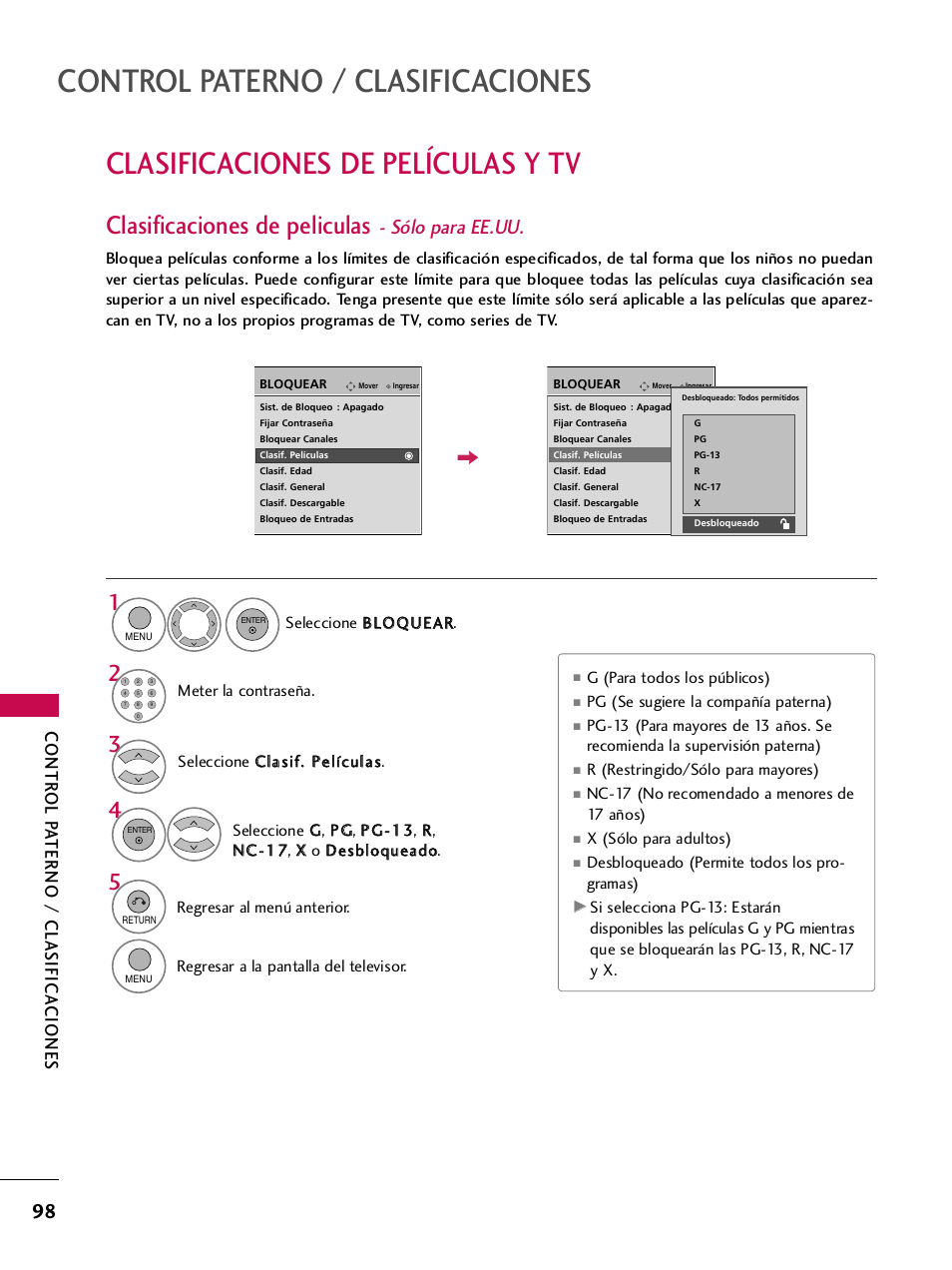 Clasificaciones de películas y tv, Clasificaciones de peliculas - sólo para ee.uu, Control paterno / clasificaciones | Clasificaciones de peliculas, Sólo para ee.uu, Contr ol p a terno / clasifica ciones | LG 42PQ30C User Manual | Page 348 / 371