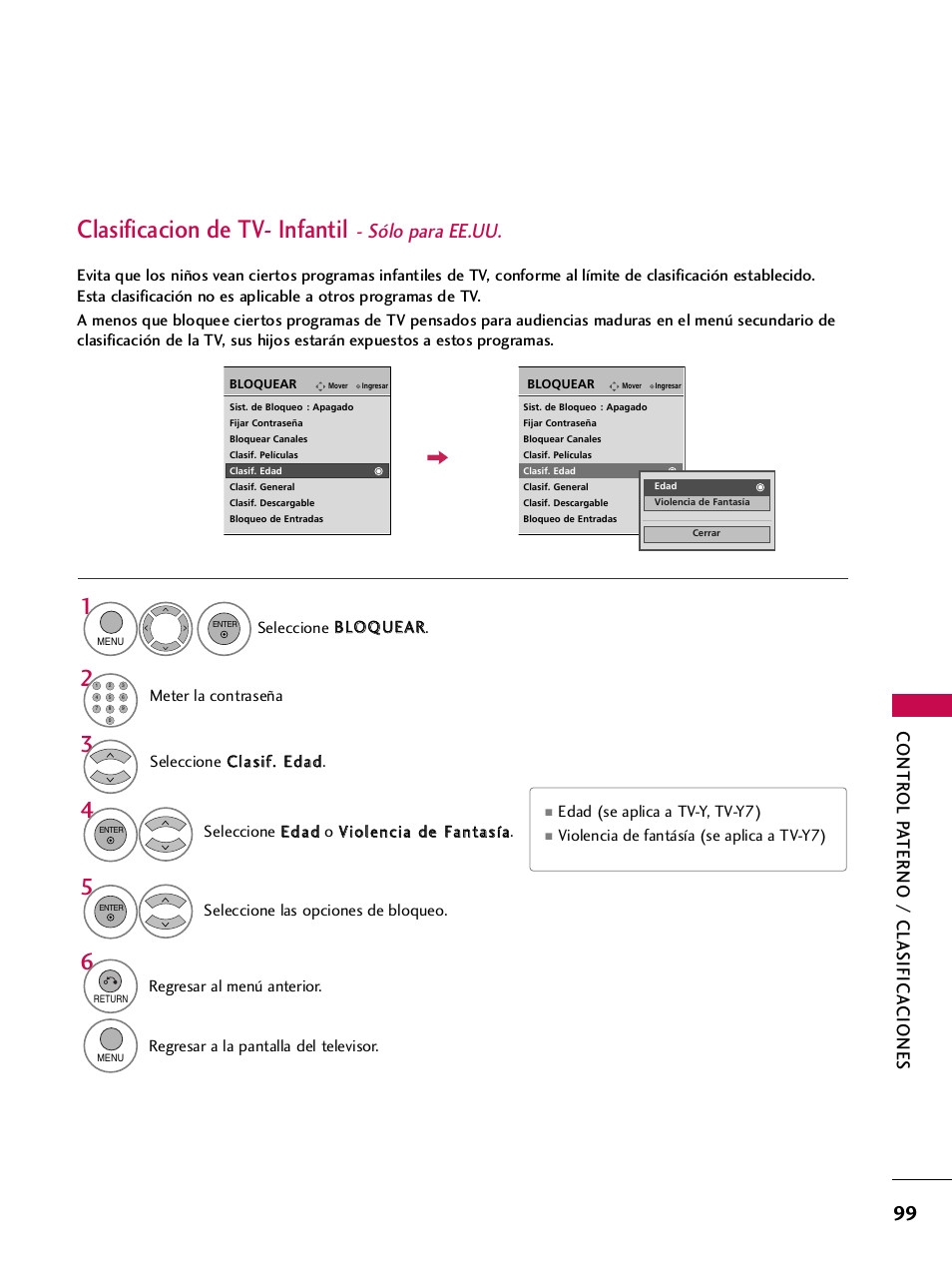 Clasificacion de tv- infantil - sólo para ee.uu, Clasificacion de tv- infantil, Sólo para ee.uu | Contr ol p a terno / clasifica ciones | LG 42PQ30C User Manual | Page 349 / 371