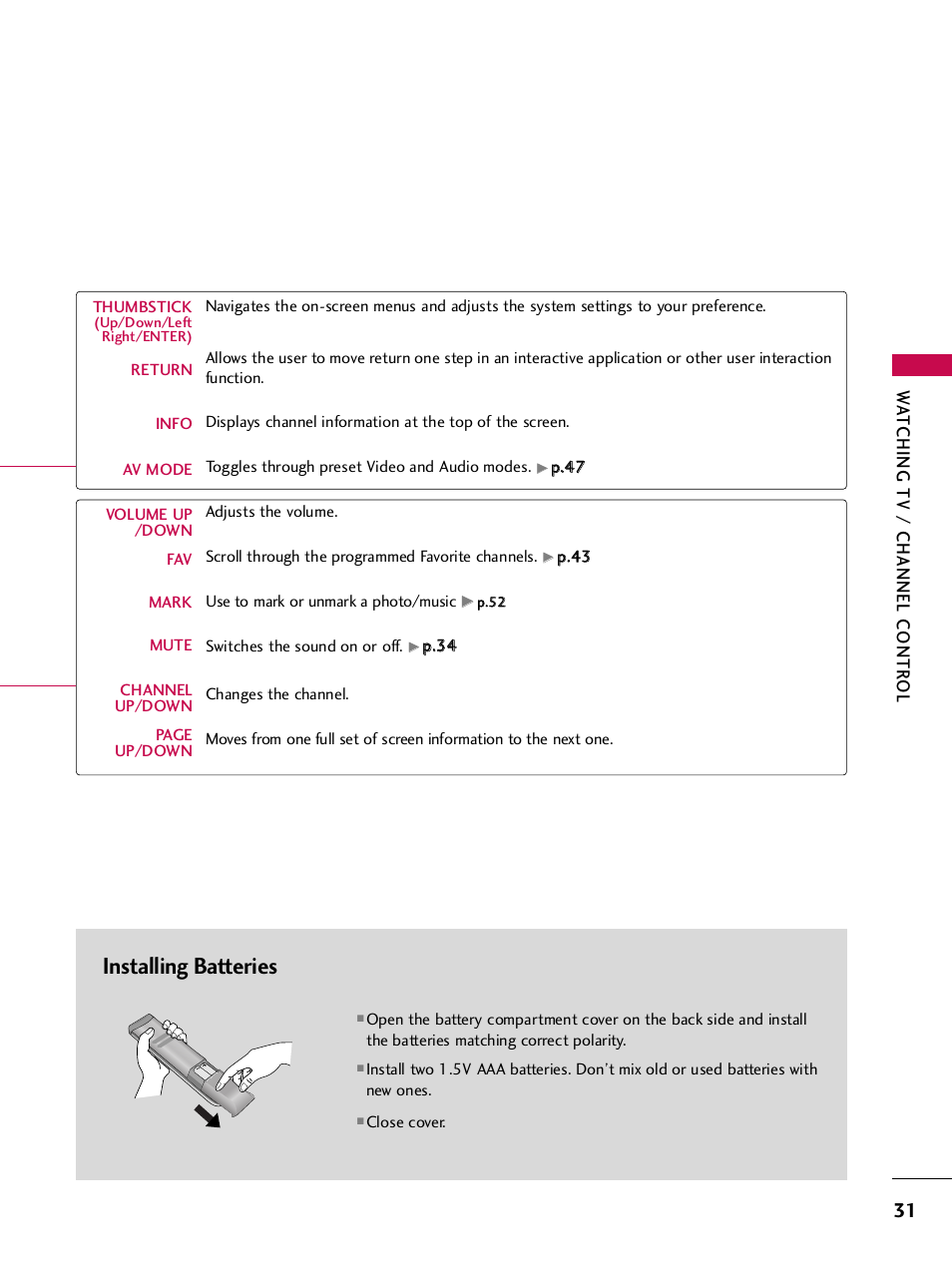 Installing batteries, Wa tching tv / channel contr ol | LG 42PQ30C User Manual | Page 35 / 371