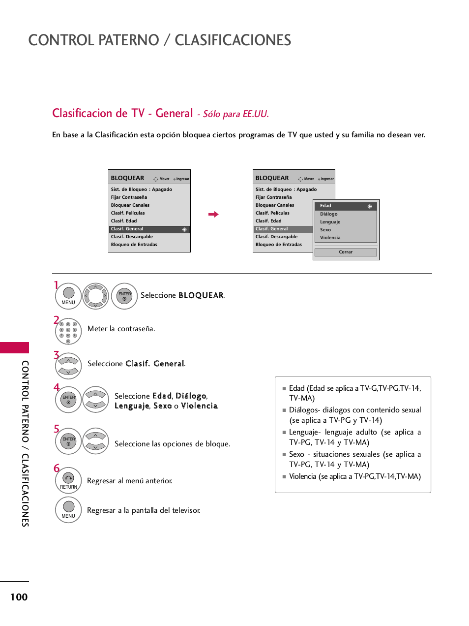 Clasificacion de tv - general - sólo para ee.uu, Control paterno / clasificaciones, Clasificacion de tv - general | Sólo para ee.uu, Contr ol p a terno / clasifica ciones | LG 42PQ30C User Manual | Page 350 / 371