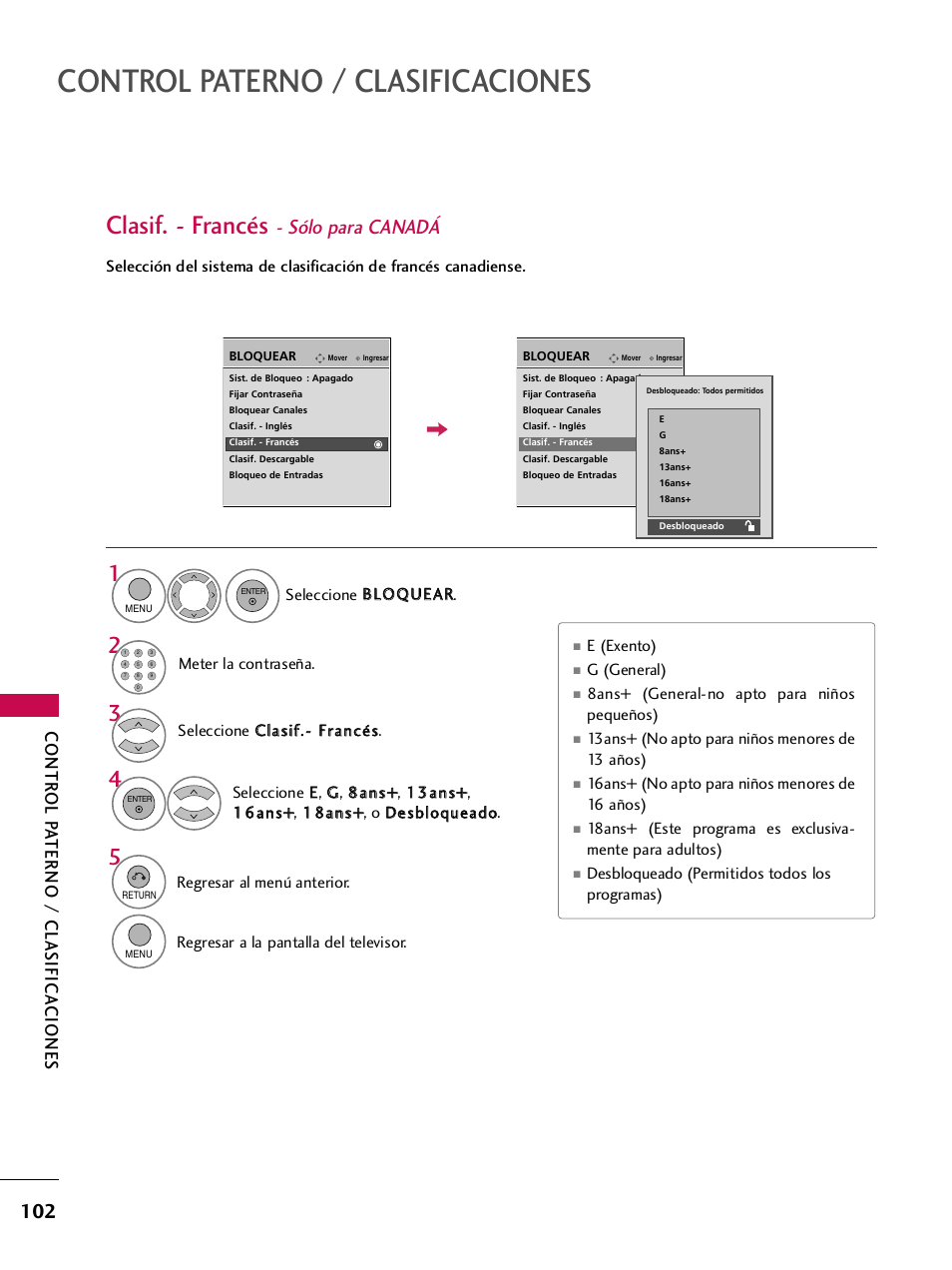 Clasif. - francés - sólo para canadá, Control paterno / clasificaciones, Clasif. - francés | Sólo para canadá, Contr ol p a terno / clasifica ciones | LG 42PQ30C User Manual | Page 352 / 371