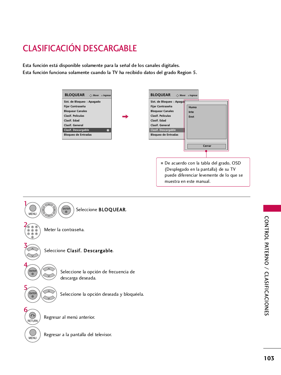 Clasificación descargable, Contr ol p a terno / clasifica ciones | LG 42PQ30C User Manual | Page 353 / 371