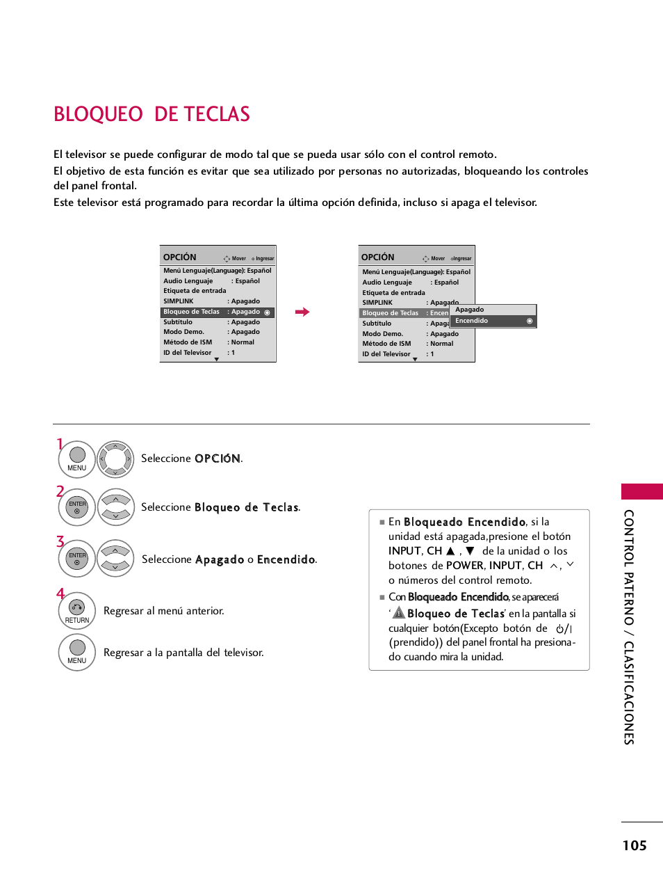 Bloqueo de teclas, Contr ol p a terno / clasifica ciones | LG 42PQ30C User Manual | Page 355 / 371