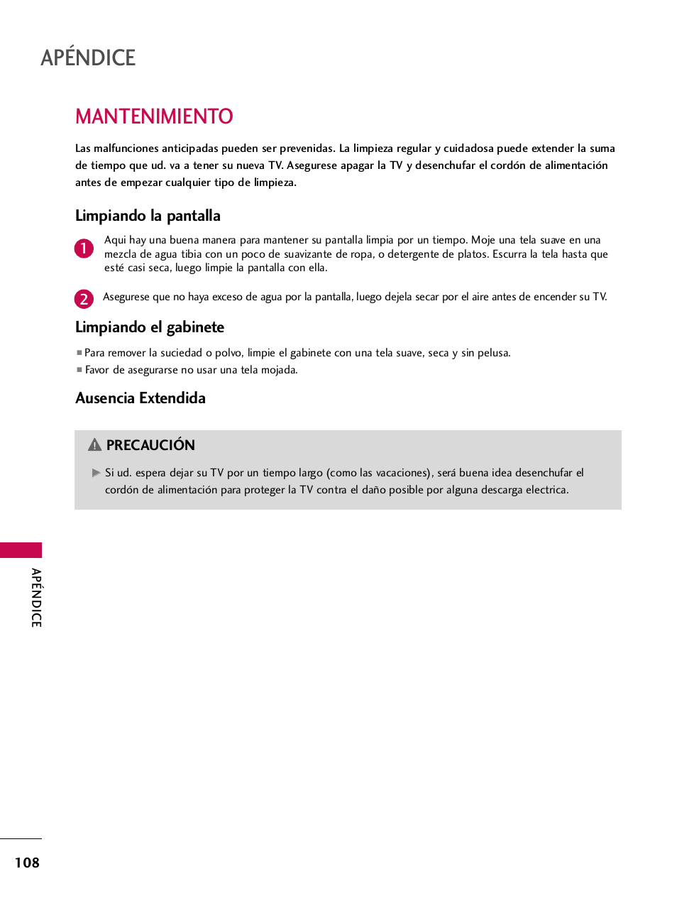 Mantenimiento, Apéndice, Limpiando la pantalla | Limpiando el gabinete, Ausencia extendida | LG 42PQ30C User Manual | Page 358 / 371