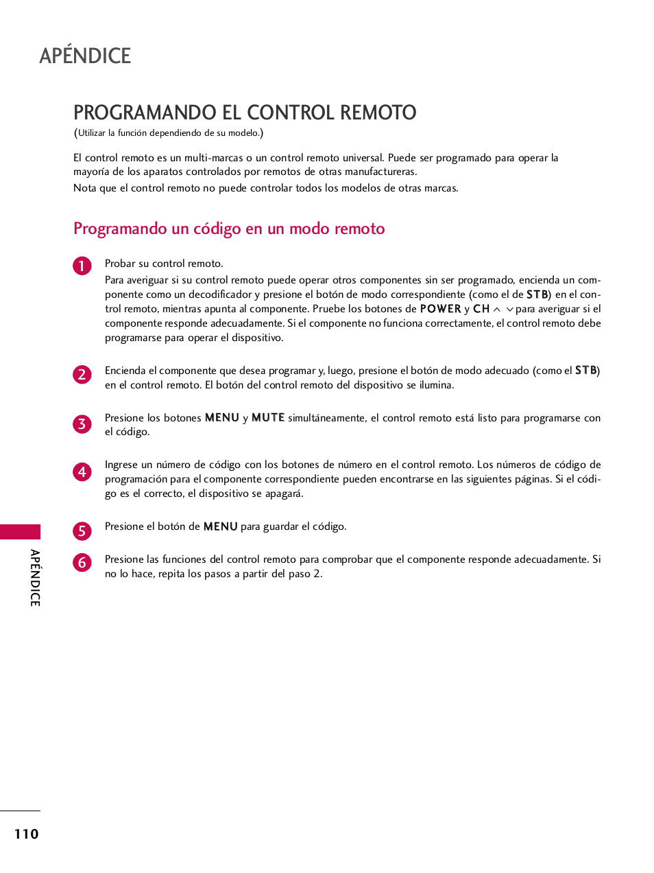 Programando el control remoto, Programando un código en un modo remoto, Apéndice | LG 42PQ30C User Manual | Page 360 / 371