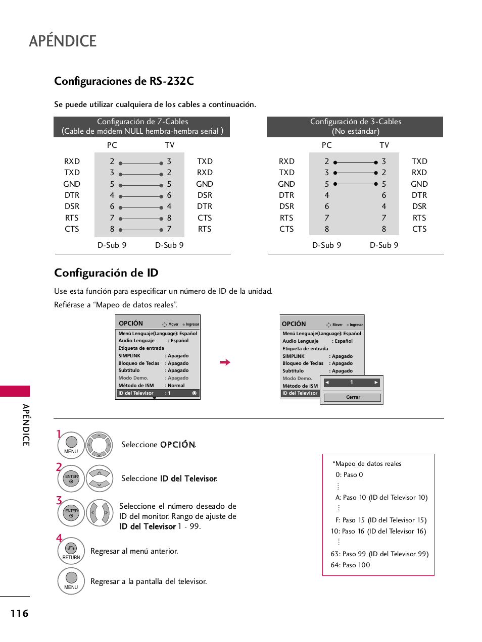 Configuraciones de rs-232c, Configuración de id, Apéndice | LG 42PQ30C User Manual | Page 366 / 371