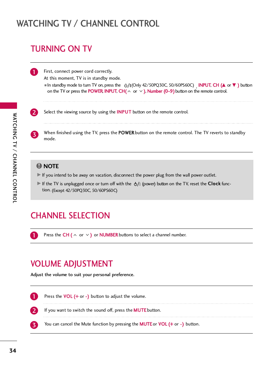 Turning on tv, Channel selection, Volume adjustment | Watching tv / channel control, Volume adjustment channel selection | LG 42PQ30C User Manual | Page 38 / 371