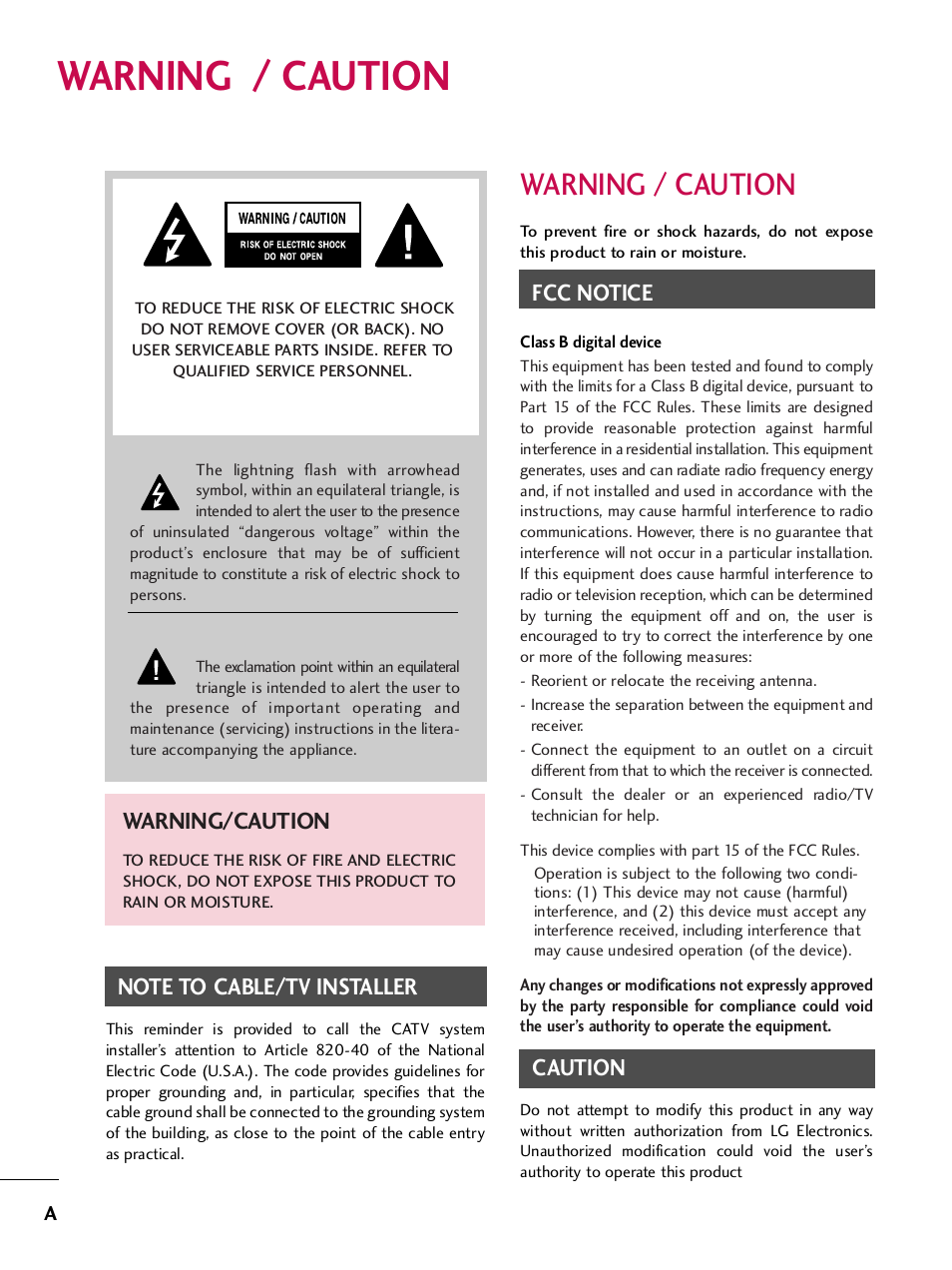 Warning / caution, Fcc notice, Caution | Warning/caution | LG 42PQ30C User Manual | Page 4 / 371