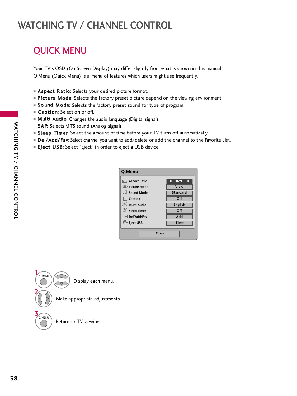 Quick menu, Watching tv / channel control, Wa tching tv / channel contr ol | LG 42PQ30C User Manual | Page 42 / 371
