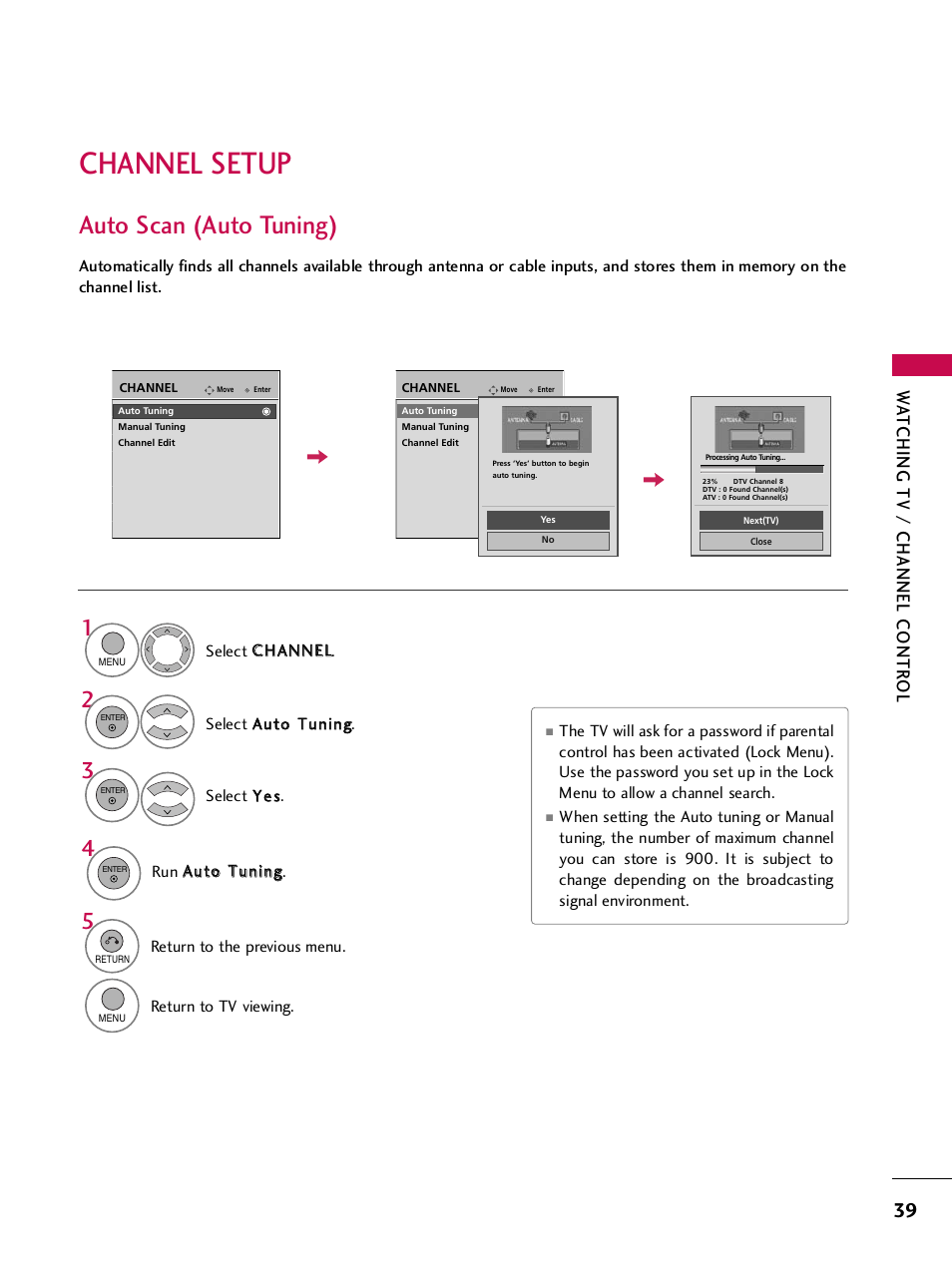 Channel setup, Auto scan (auto tuning), Wa tching tv / channel contr ol | LG 42PQ30C User Manual | Page 43 / 371
