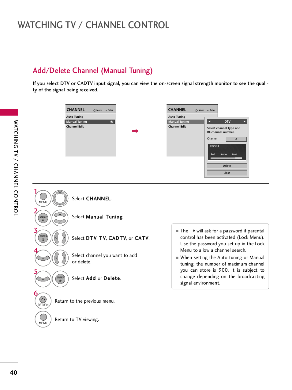 Add/delete channel (manual tuning), Watching tv / channel control, Wa tching tv / channel contr ol | LG 42PQ30C User Manual | Page 44 / 371