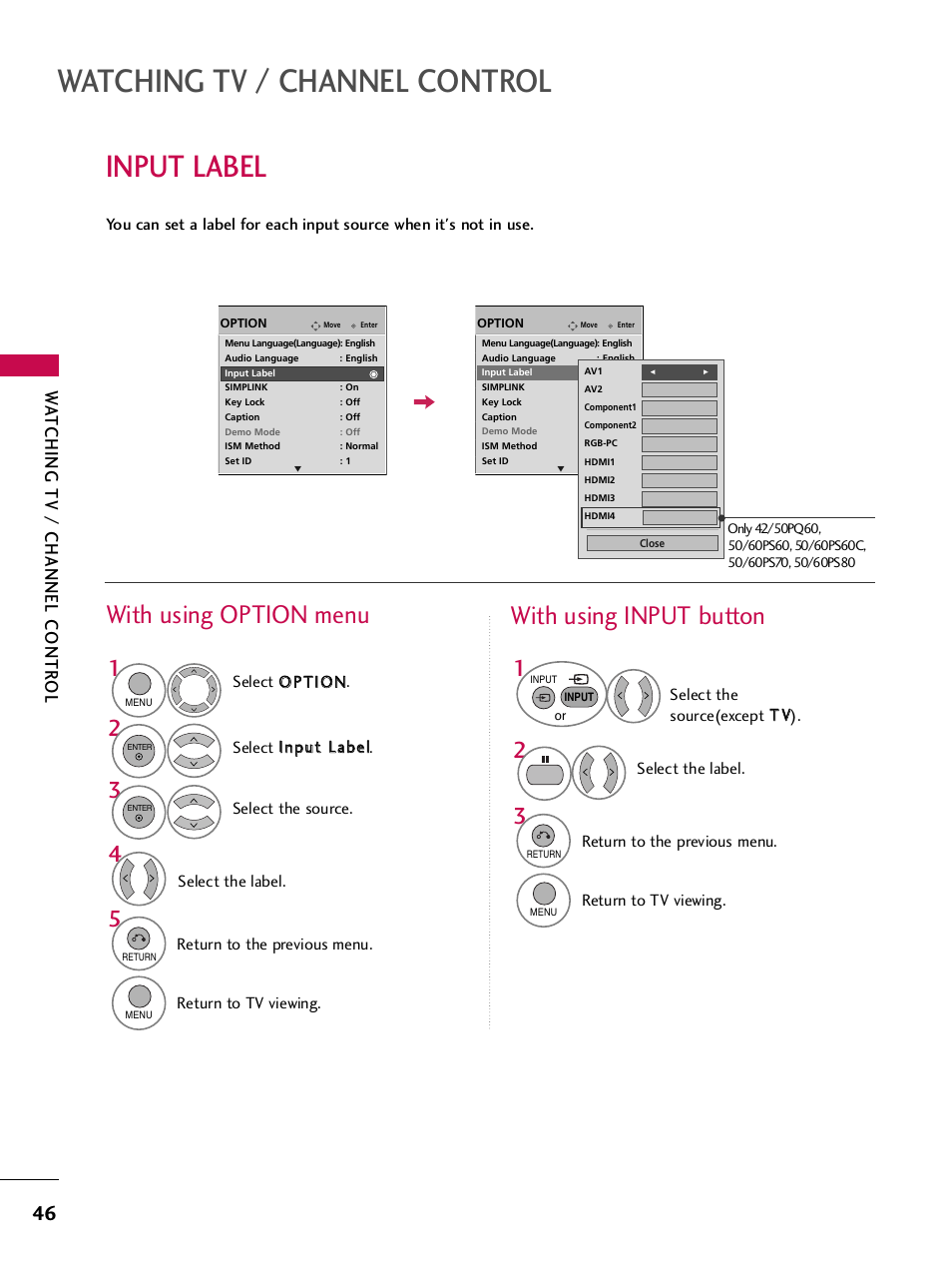 Input label, Watching tv / channel control, With using option menu | With using input button, Wa tching tv / channel contr ol | LG 42PQ30C User Manual | Page 50 / 371