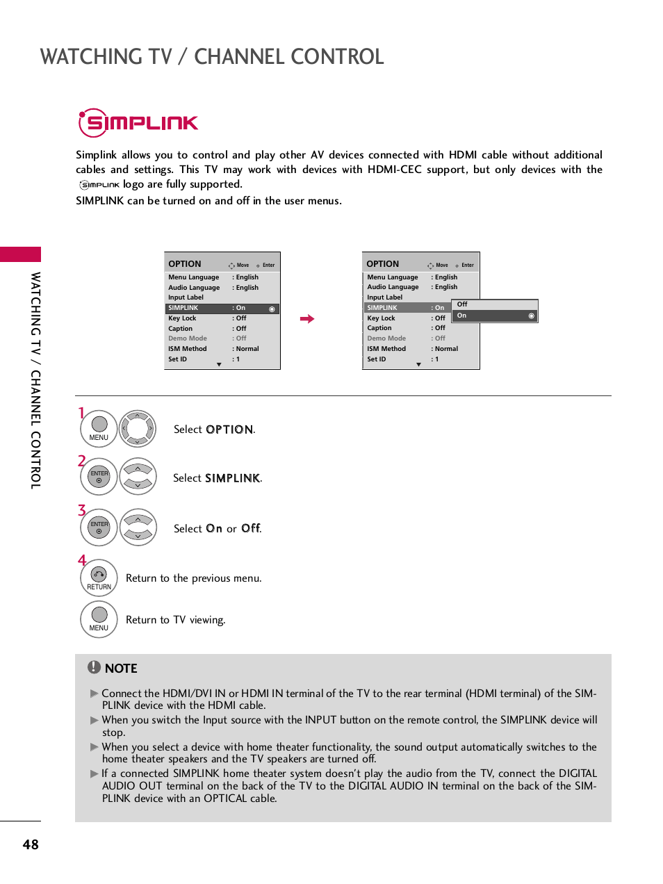 Simplink, Watching tv / channel control, Wa tching tv / channel contr ol | LG 42PQ30C User Manual | Page 52 / 371