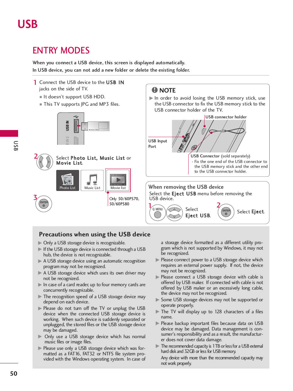Entry modes, Precautions when using the usb device, When removing the usb device | LG 42PQ30C User Manual | Page 54 / 371