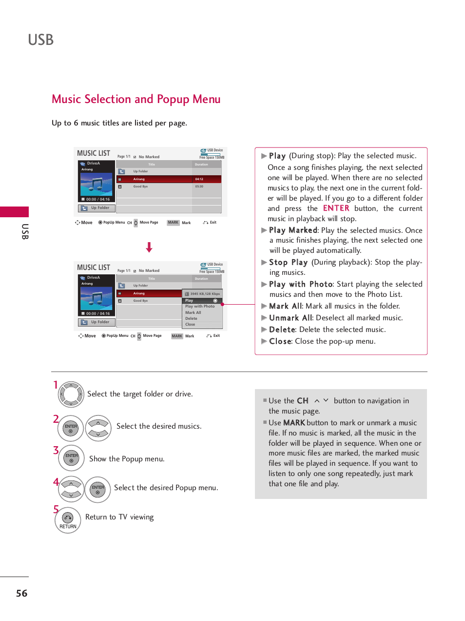 Music selection and popup menu | LG 42PQ30C User Manual | Page 60 / 371