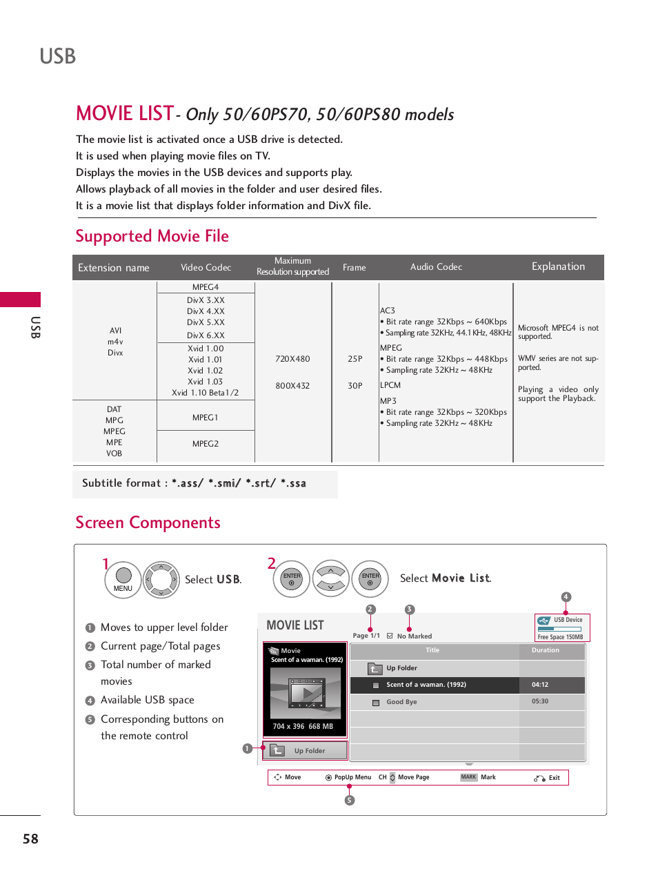 Movie list, Supported movie file, Screen components | LG 42PQ30C User Manual | Page 62 / 371