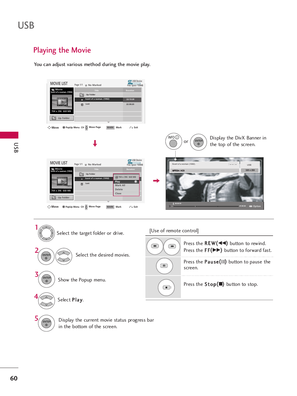 Playing the movie, Button to rewind. press the ff ff | LG 42PQ30C User Manual | Page 64 / 371