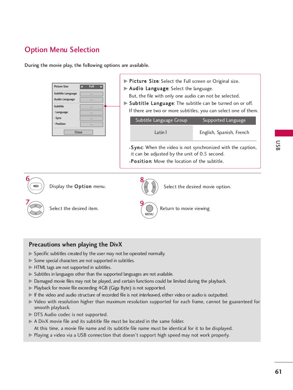 Option menu selection, Precautions when playing the divx | LG 42PQ30C User Manual | Page 65 / 371