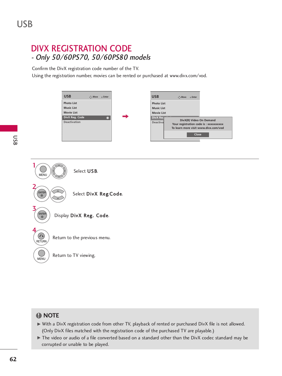 Divx registration code | LG 42PQ30C User Manual | Page 66 / 371