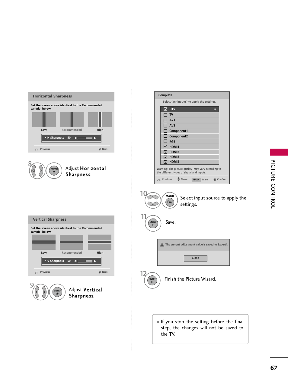 Picture contr ol, Select input source to apply the settings, Finish the picture wizard | Save | LG 42PQ30C User Manual | Page 71 / 371