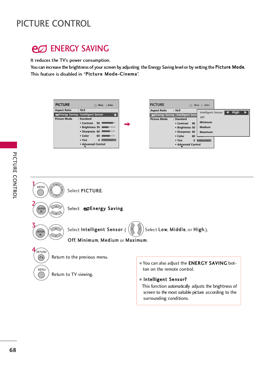 Energy saving, Picture control, Picture contr ol | LG 42PQ30C User Manual | Page 72 / 371