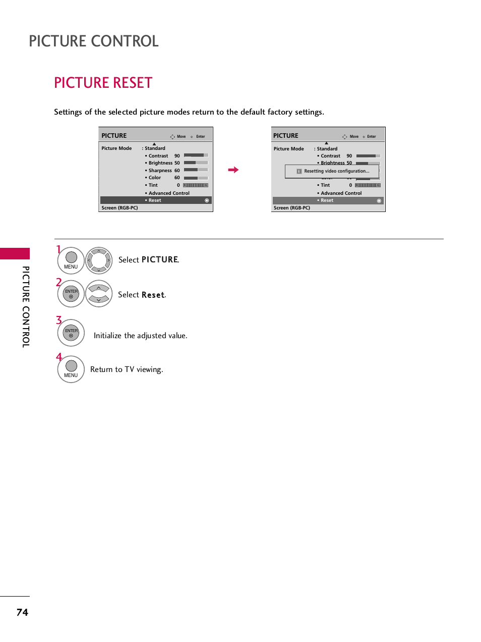Picture reset, Picture control, Picture contr ol | Return to tv viewing | LG 42PQ30C User Manual | Page 78 / 371