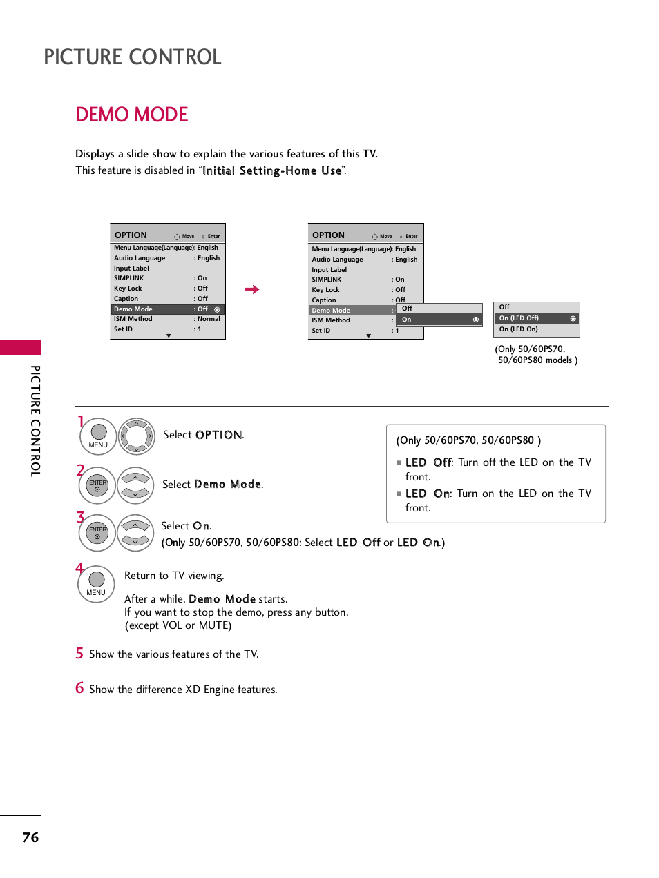 Demo mode, Picture control, Picture contr ol | LG 42PQ30C User Manual | Page 80 / 371