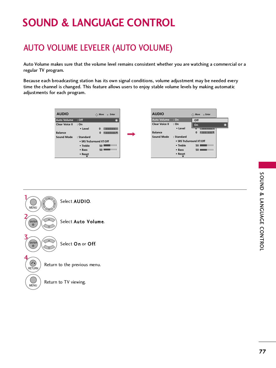 Sound & language control, Auto volume leveler (auto volume), Sound & langu a ge contr ol | Return to the previous menu, Return to tv viewing | LG 42PQ30C User Manual | Page 81 / 371