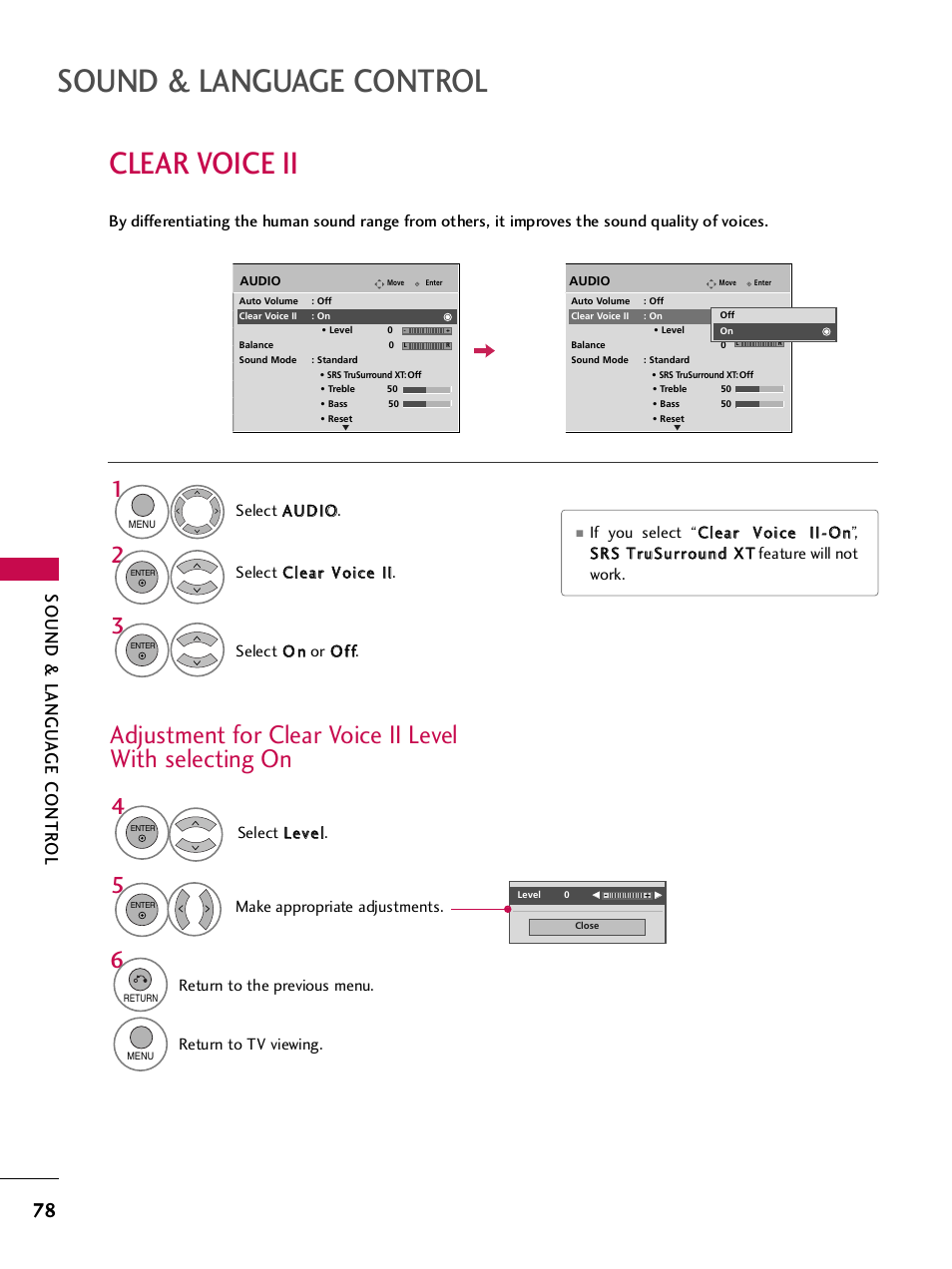 Clear voice ii, Sound & language control, Sound & langu a ge contr ol | LG 42PQ30C User Manual | Page 82 / 371