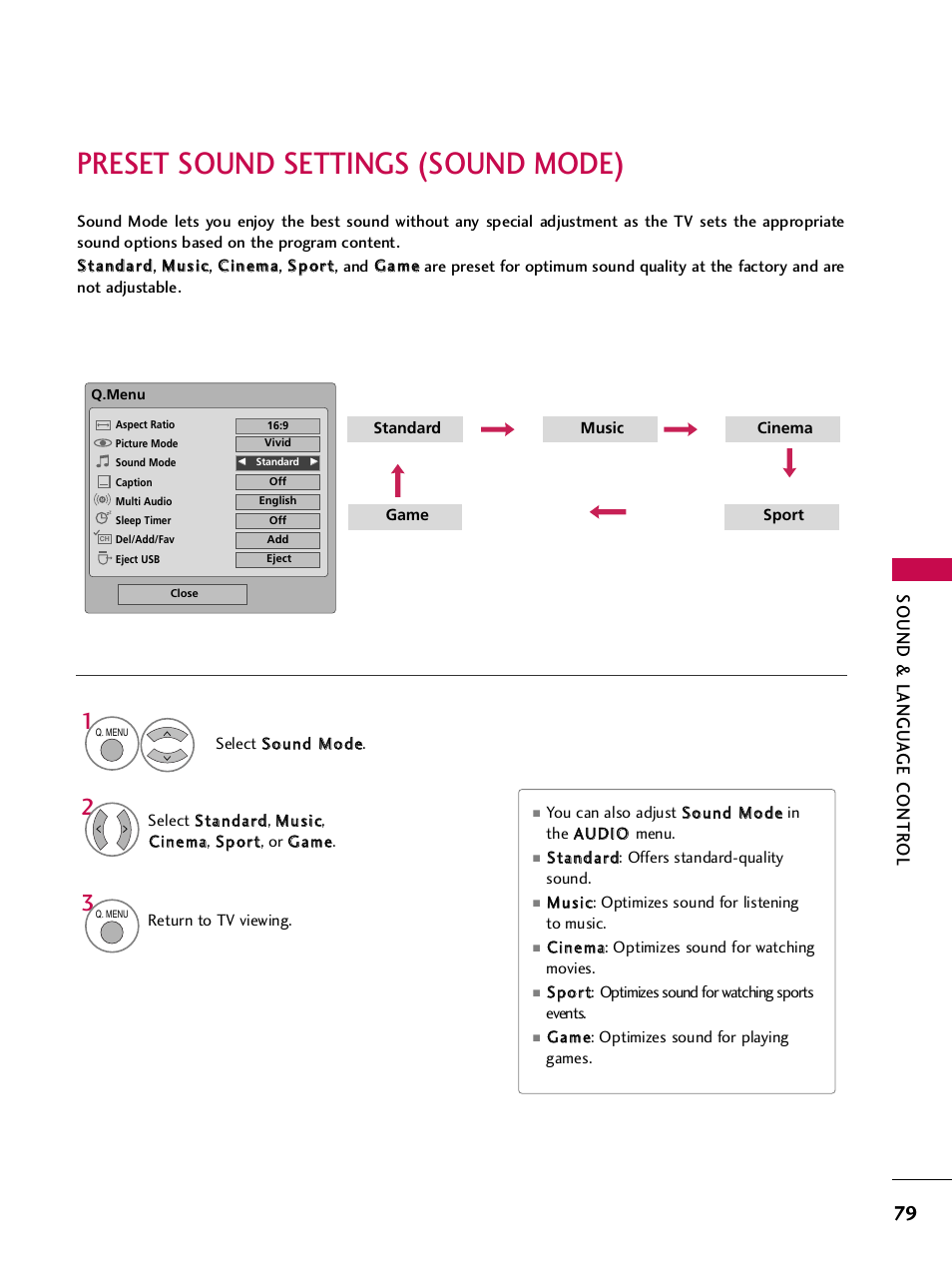 Preset sound settings (sound mode), Sound & langu a ge contr ol | LG 42PQ30C User Manual | Page 83 / 371