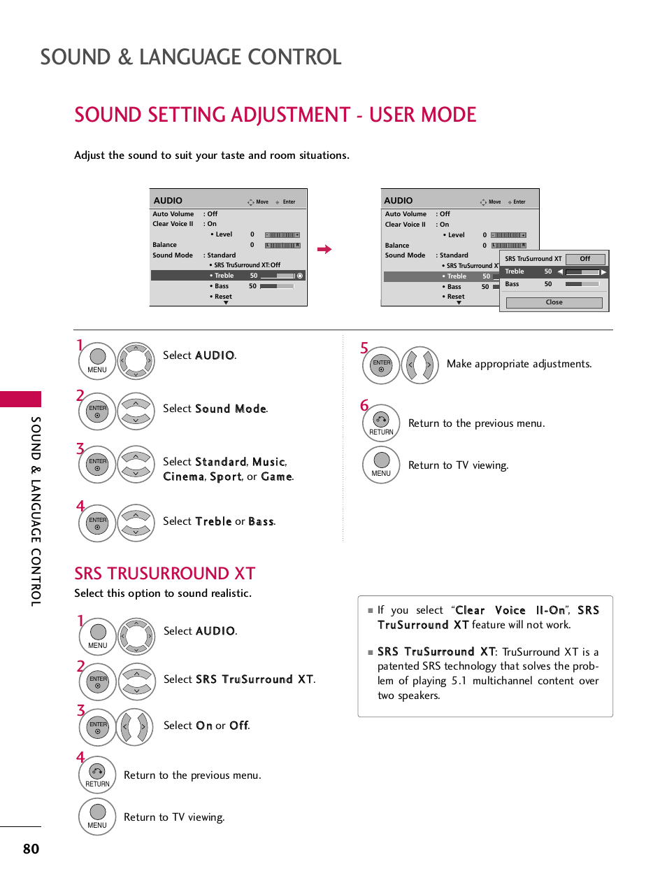 Sound setting adjustment - user mode, Sound & language control, Srs trusurround xt | Sound & langu a ge contr ol | LG 42PQ30C User Manual | Page 84 / 371