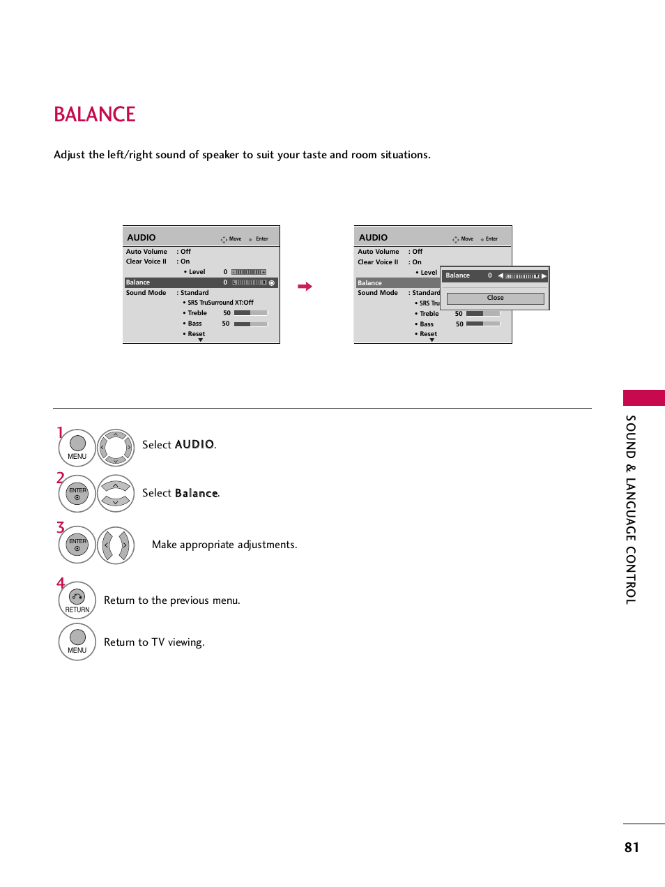 Balance, Sound & langu a ge contr ol, Return to the previous menu | Return to tv viewing | LG 42PQ30C User Manual | Page 85 / 371