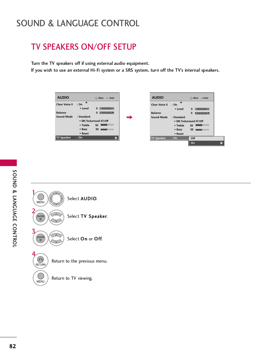 Tv speakers on/off setup, Sound & language control, Sound & langu a ge contr ol | Return to the previous menu, Return to tv viewing | LG 42PQ30C User Manual | Page 86 / 371