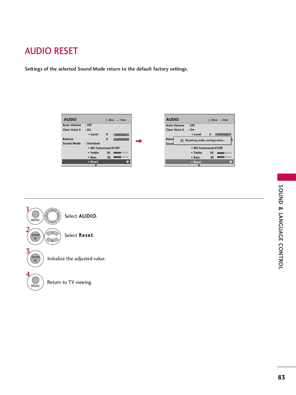 Audio reset, Sound & langu a ge contr ol, Initialize the adjusted value | Return to tv viewing | LG 42PQ30C User Manual | Page 87 / 371