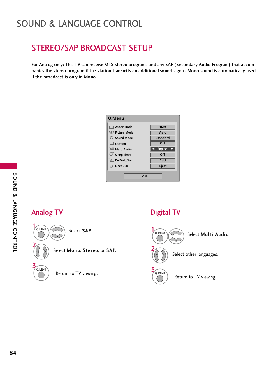 Stereo/sap broadcast setup, Sound & language control, Analog tv digital tv | Sound & langu a ge contr ol | LG 42PQ30C User Manual | Page 88 / 371