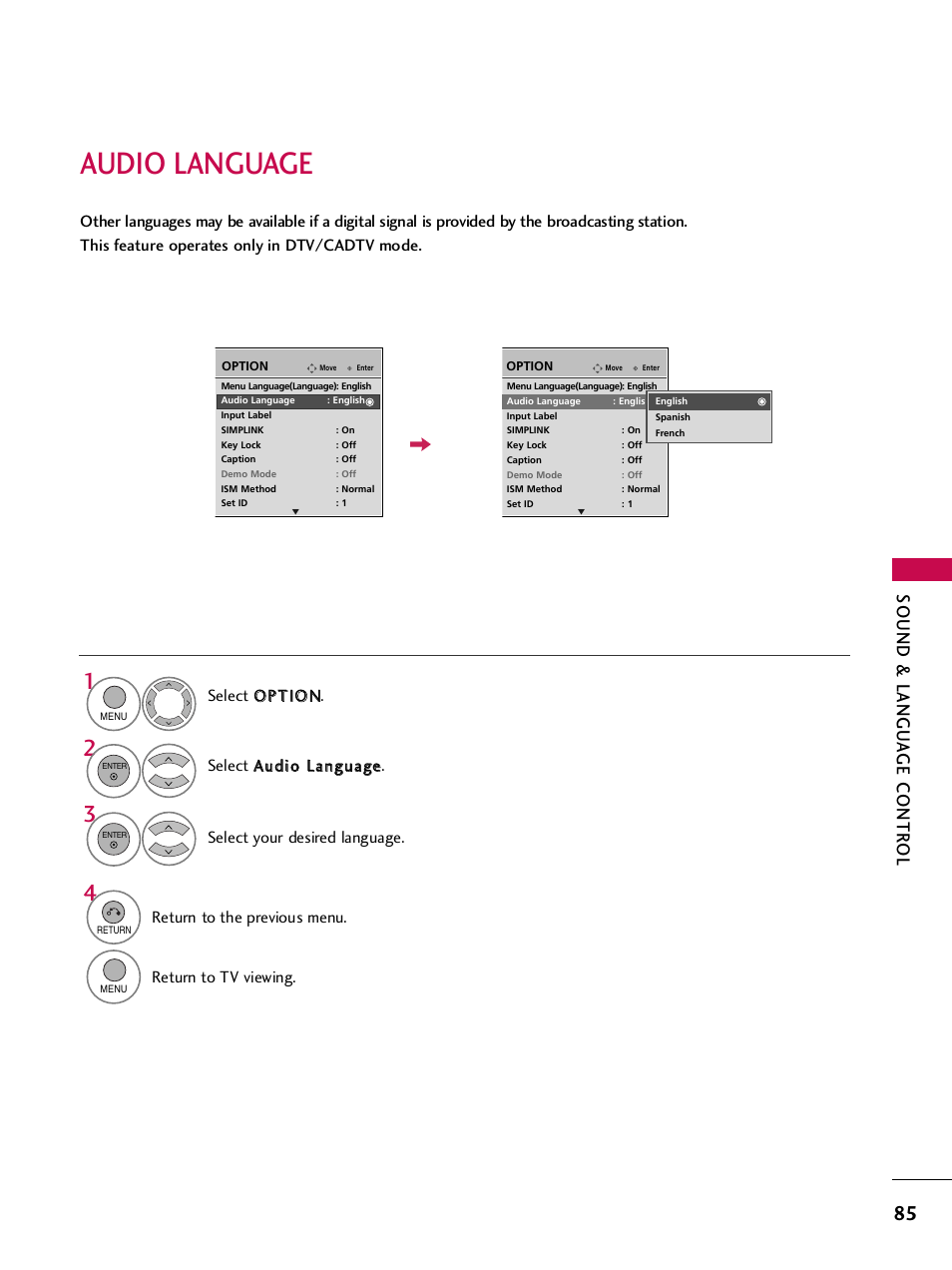 Audio language, Sound & langu a ge contr ol, Return to the previous menu | Return to tv viewing | LG 42PQ30C User Manual | Page 89 / 371